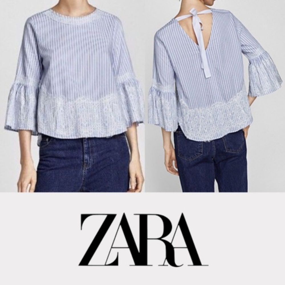 Zara Woman Blue Stripe Lace Bell Sleeve Blouse - Picture 2 of 7